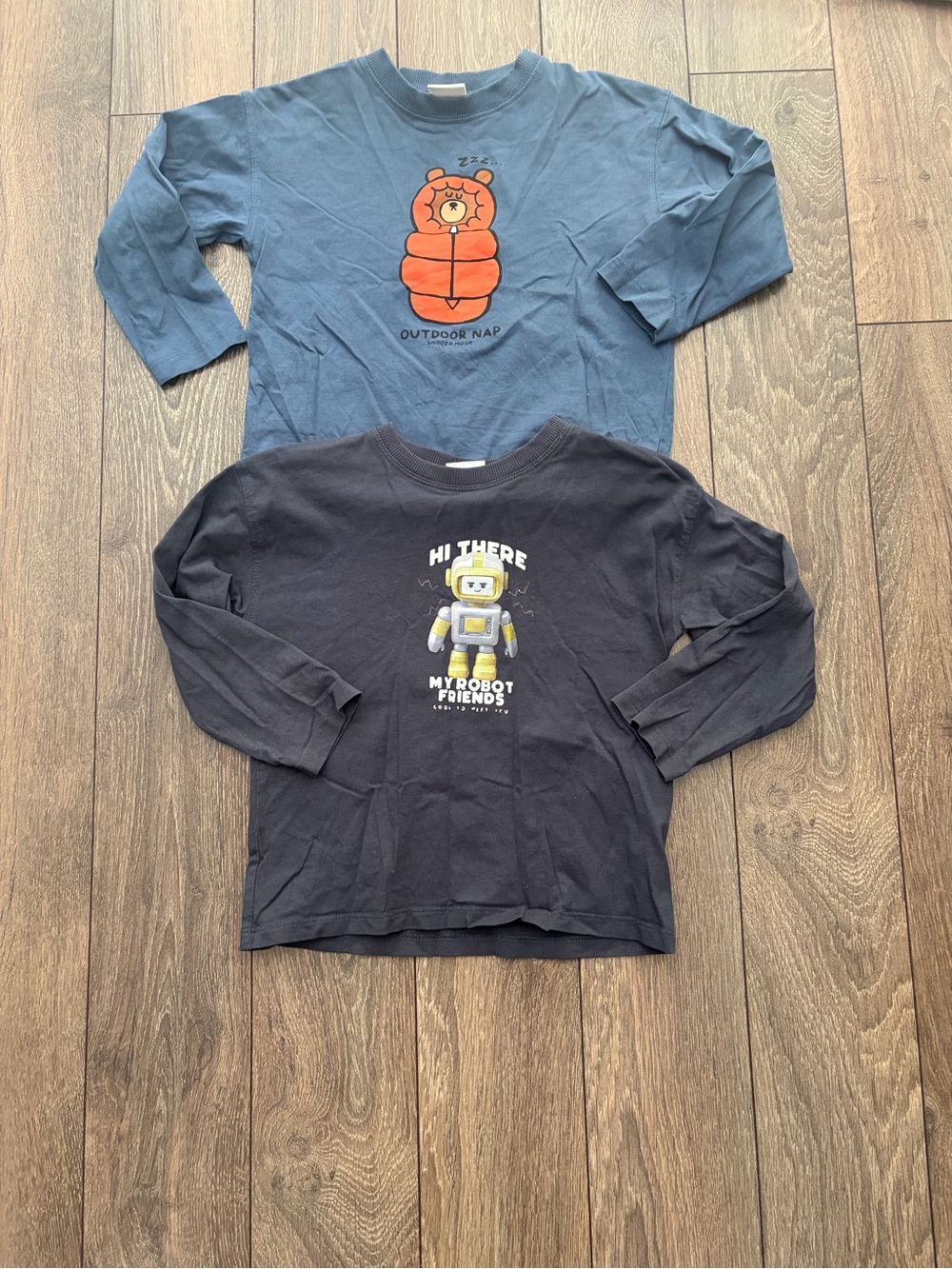 Zara Blue & Charcoal Long-Sleeve Kids Graphic Tees - Bear & Robot